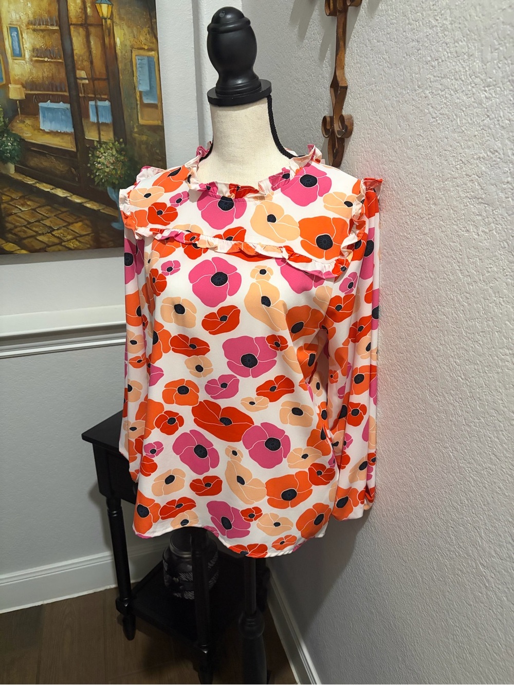 Ruffled Floral Long-Sleeve Blouse in Pink & Orange